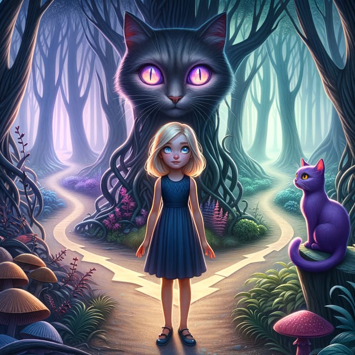 Blonde Girl at Crossroads in Enchantingly Mystical Forest with Purple Cat