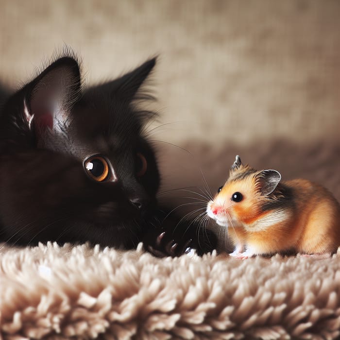 Black Cat and Hamster Playful Interaction