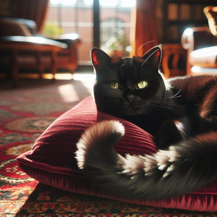 Adorable Domestic Short-Haired Cat Resting on Plush Cushion