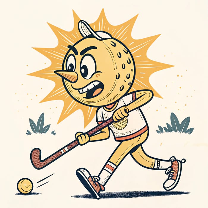 Vintage Cartoon Sun Mascot with Hockey Stick