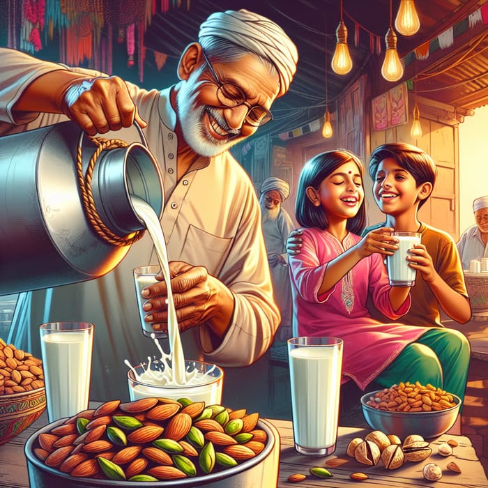 Heartwarming Scene of Indian Milk Man with Kids Drinking Almond, Pistachio, and Saffron Milk Heartwarming Scene of Indian Milk Man with Kids Drinking Almond, Pistachio, and Saffron Milk