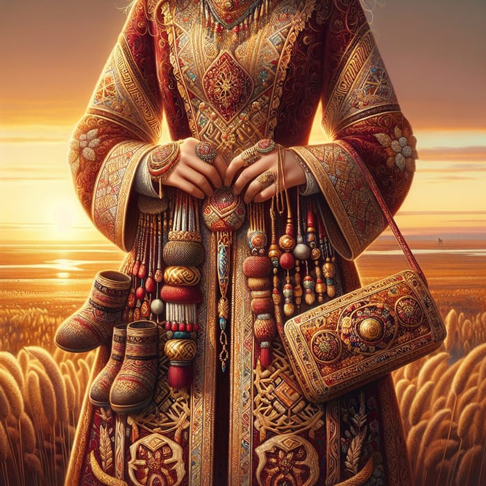 Kazakh National Clothes with Ornate Designs at Sunset Steppe