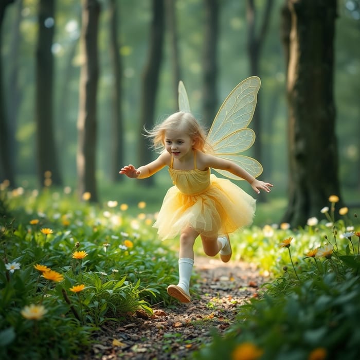 Blonde Little Girl Fairy in a Magic Forest