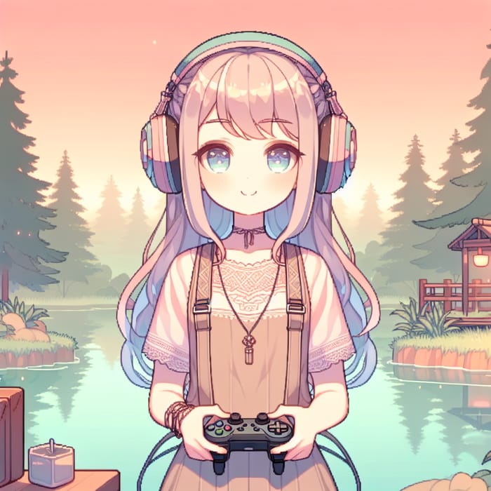 Pastel Anime Girl with Headphone and Game Controller in Nature