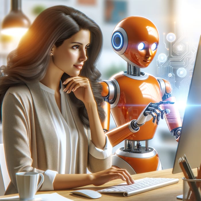 Realistic Woman Designing with Orange Robot: Boosting Ideas