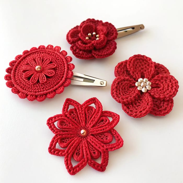 Crochet Hair Clips and Brooches - Red Series