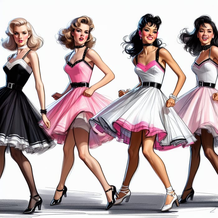 Vibrant 50s Rock 'n' Roll Female Dancers Illustration