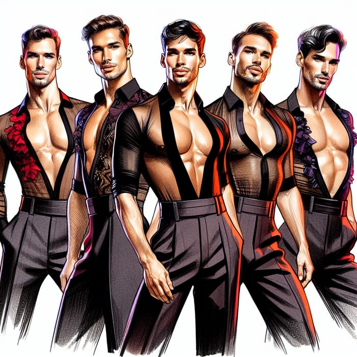 Captivating Latin Dance Costume Design - Alluring Men in Fire-Inspired Attire