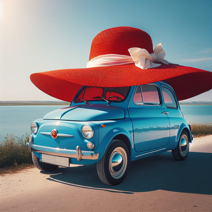 Blue Car in a Red Hat: A Whimsical Scene