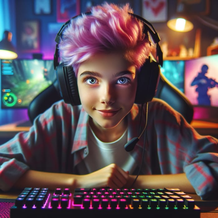 Confident Pink-Haired Gamer in Colorful Game Setup | Gaming Enthusiast