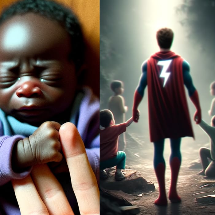 Heartwarming Scene: African Baby, Ken the Superhero, and Orphan's Hand