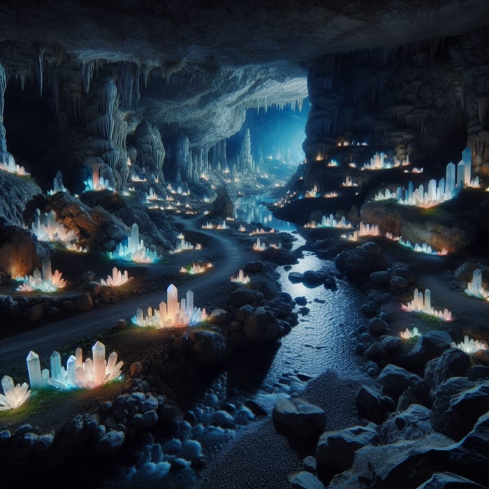 Mysterious Underground Cave with Glowing Crystals and River