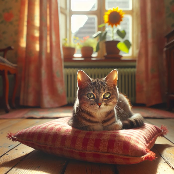 Elegant Tabby Cat on Red Cushion | Tranquil Home Setting