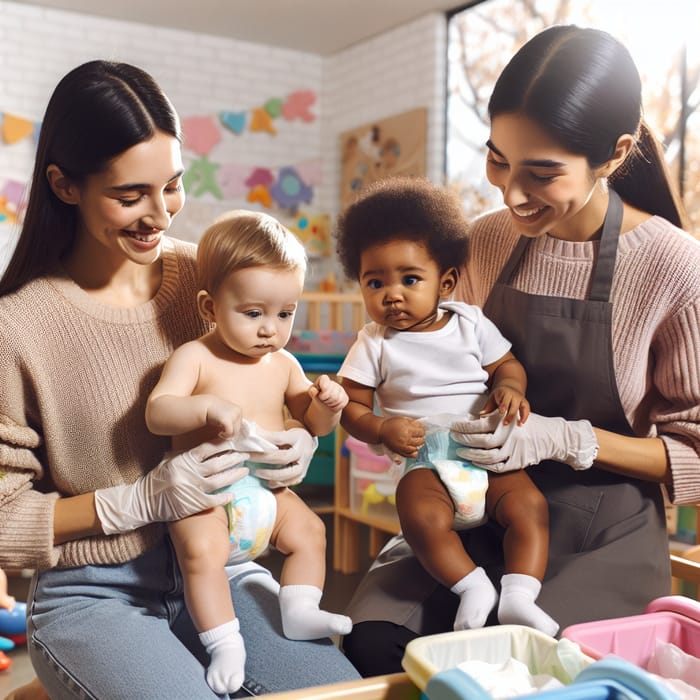 Diverse Babysitters Caring for Infants in Diapers