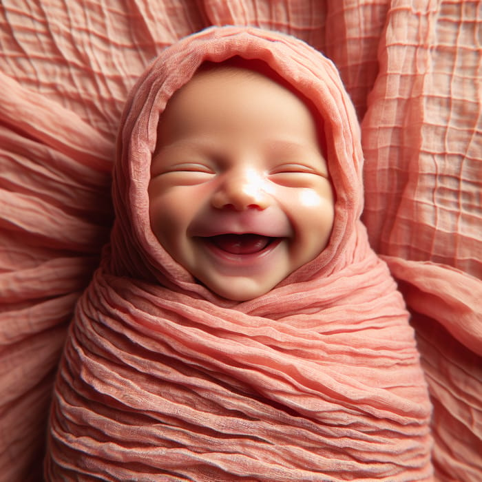 Joyful Newborn Baby Wrapped in Salmon Muslin Blanket