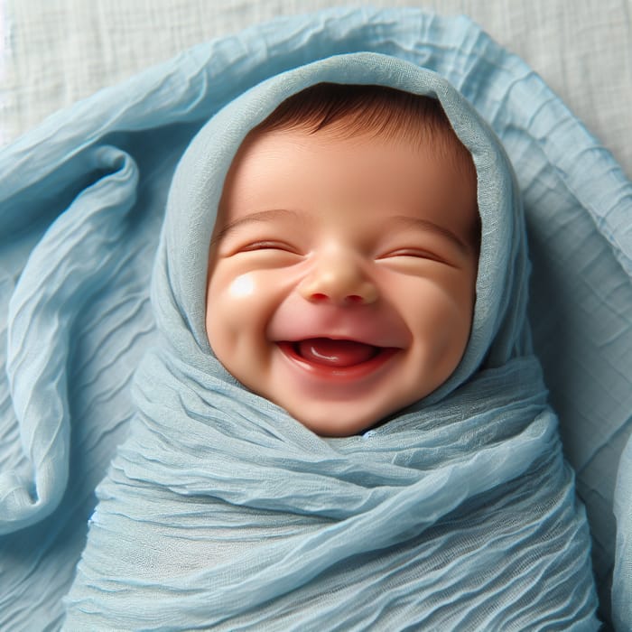 Joyful Newborn Baby in Sky Blue Wrinkled Muslin Blanket