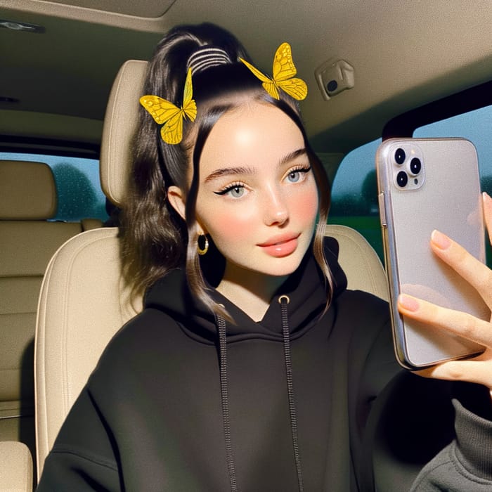 Ariana Grande Car Selfie with Yellow Butterfly Snapchat Filter