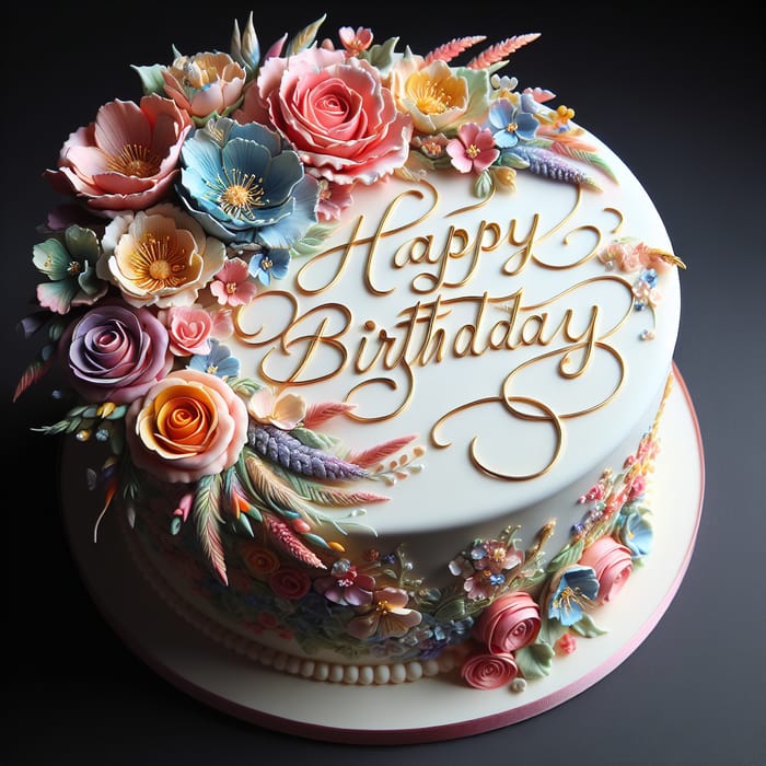 Elegant Birthday Cake with Vibrant Flowers and Gold Calligraphy - Missie Joan's Special Day