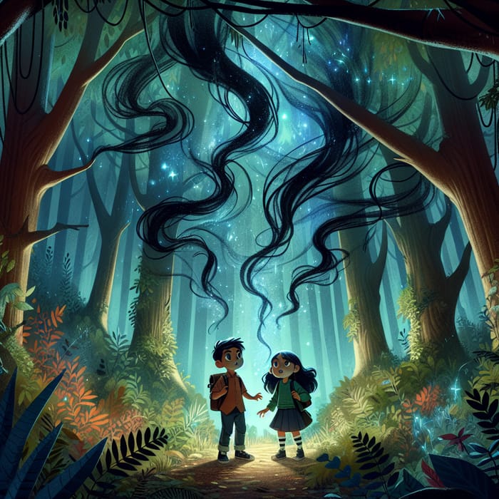 Enchanting Forest with Boy and Girl Casting Dark Magic