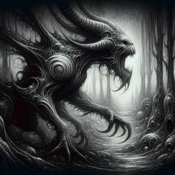 Mystical Creature in Dark Forest | H.R. Giger-Style Artwork