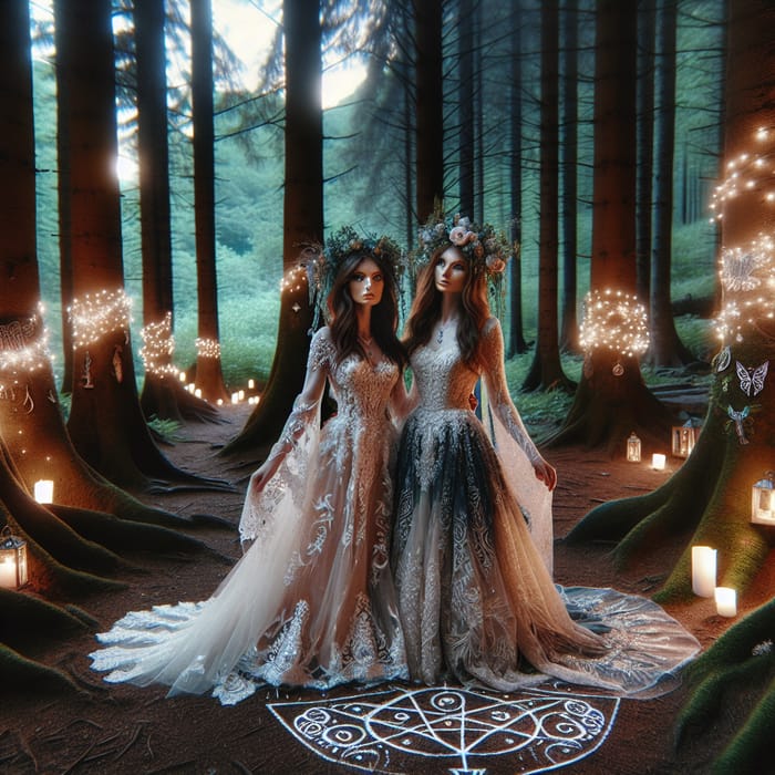 Enchanted Forest Lesbian Wedding | Brunette and Blonde Brides, Fantasy Theme