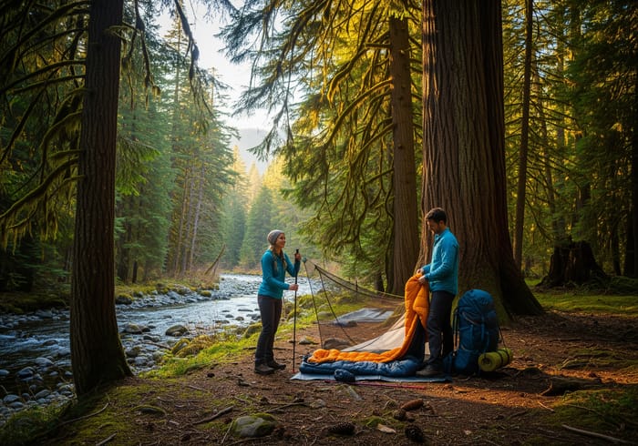 Hikers Camp in Pristine Forest by Crystal Stream Hikers Camp in Pristine Forest by Crystal Stream