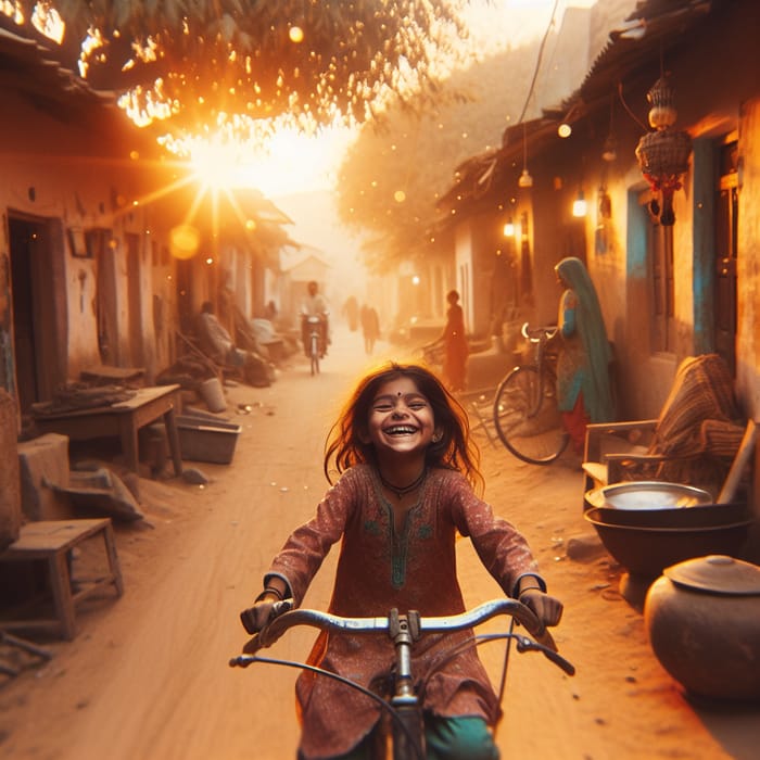 Joyful Indian Girl Biking Through Her Village