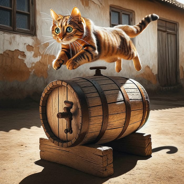 Playful Cat Jumping with Antique Wooden Water Gallon