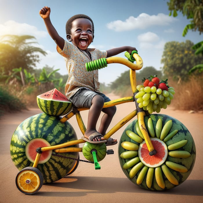 Imaginative African Child with Fruit Bicycle - Joyful and Colorful