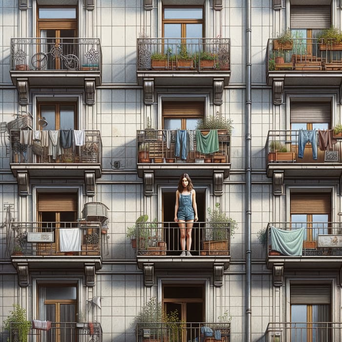 Old Apartment Building Facade with Balconies & Young Woman