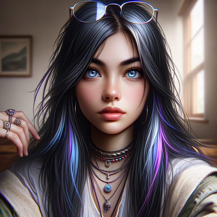 Teenage Girl with Black Hair, Blue Eyes, and Digital Art Style