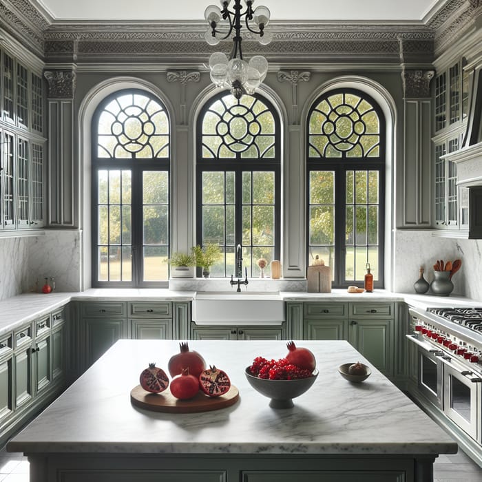 Spacious Kitchen with Green Cabinets, White Marble Countertops, and Pomegranate Bowl