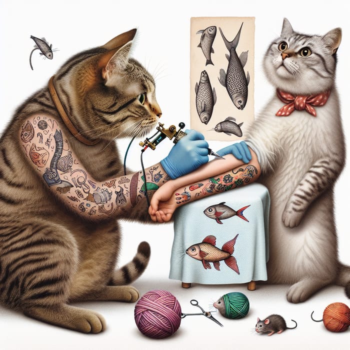 Whimsical Cat Tattoo Artist Creates Playful Scene