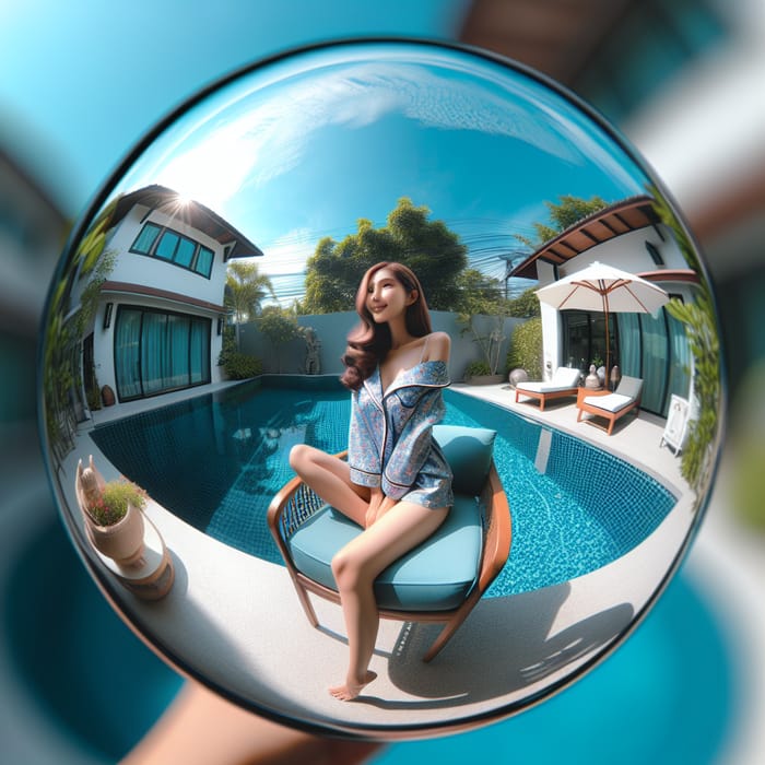 Capturing Tiny Planet Photography Technique with Beautiful Asian Woman by Pool