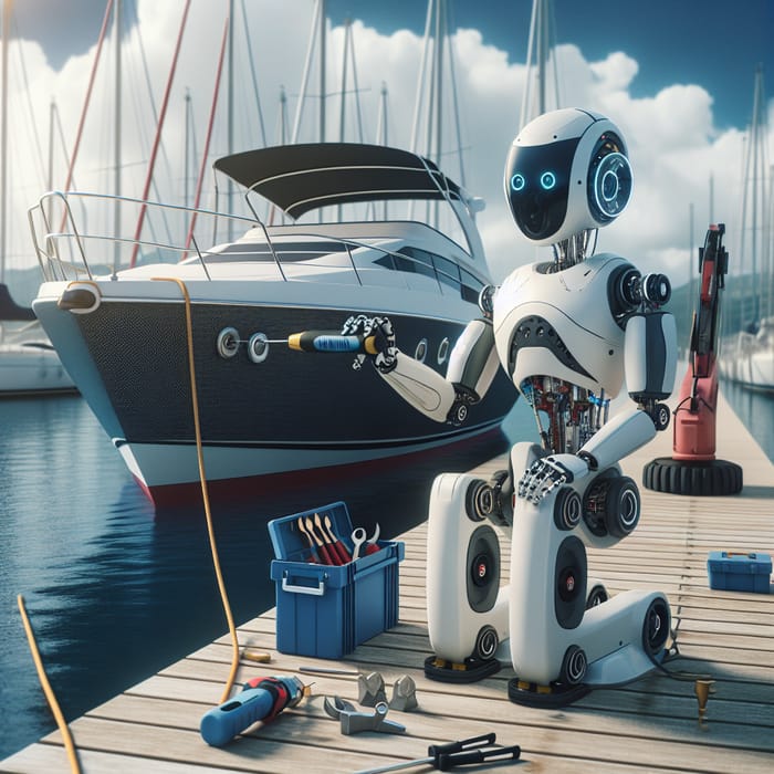 AI Robot Repairing Yacht in Marina