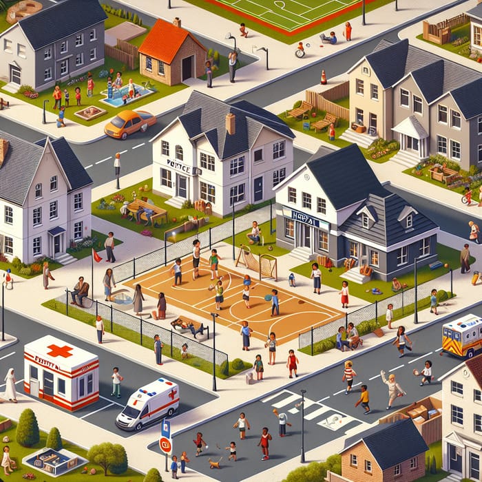 Diverse Town Planning: Residential Buildings, School, Post Office, Hospital, Stadium & Bank