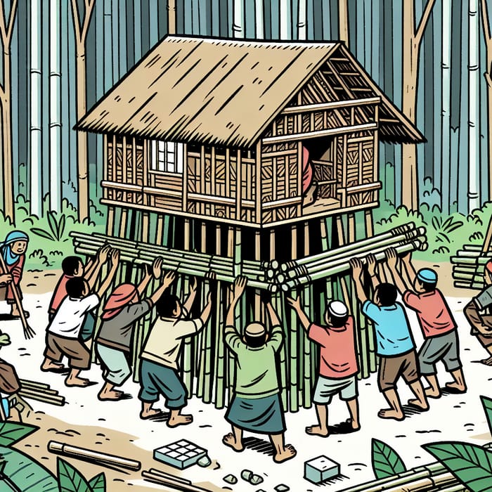 Forest Bayanihan: Villagers Collaboratively Placing Bamboo Poles