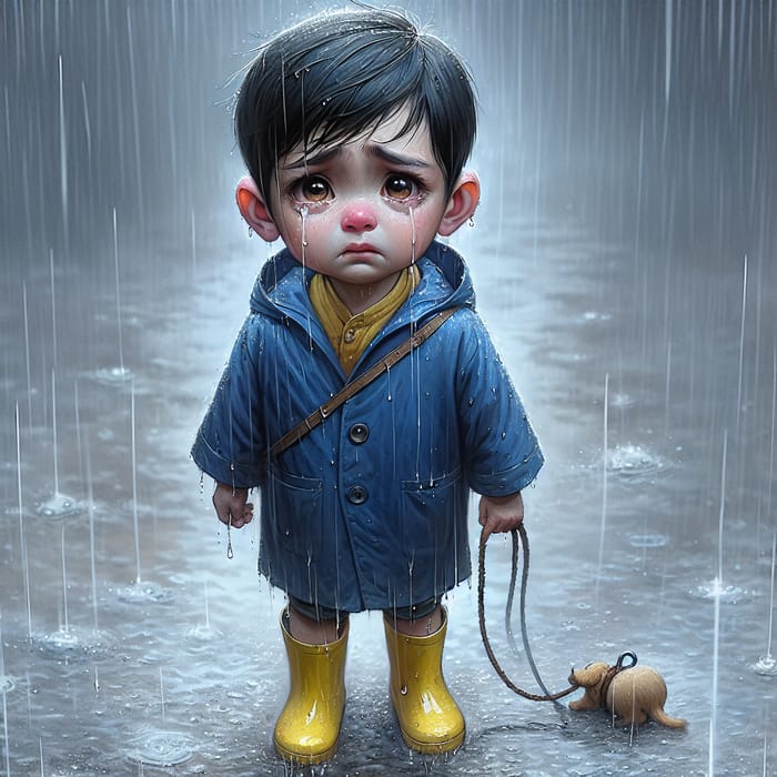 Heartbreaking Scene: Young South Asian Boy Searching for Lost Dog in Rain