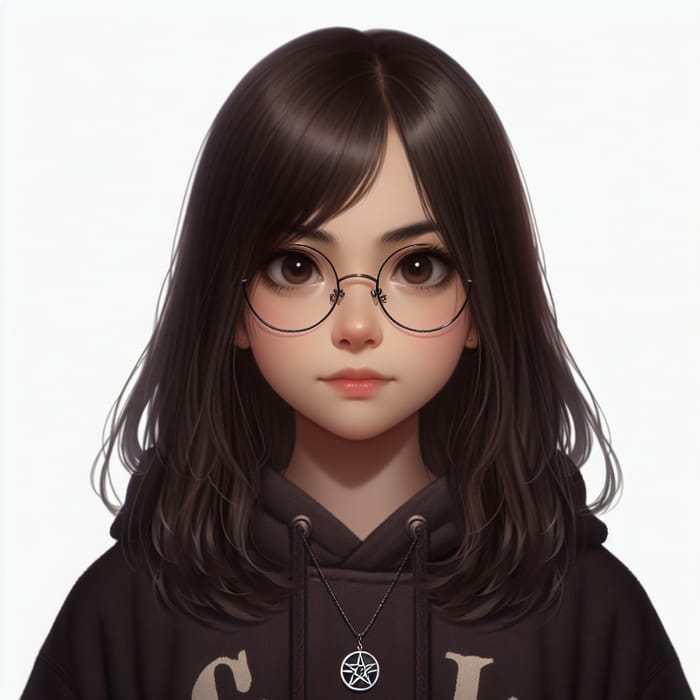 Dark-Haired Hispanic Girl in Circular Glasses with Pentagram Necklace