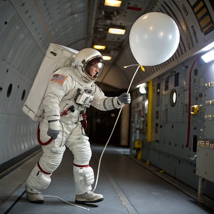 Realistic Astronaut in Zero Gravity with Moon Balloon