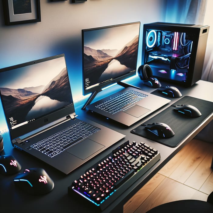 Modern Tech Setup with Dual Laptops, Gaming Keyboard, and LED Lights