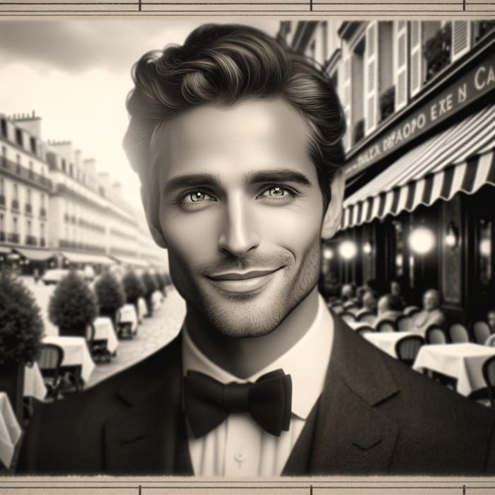 Elegant French Gentleman with Captivating Green Eyes in Timeless Monochrome