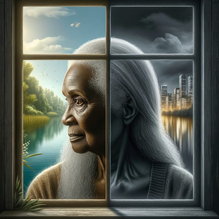 Elderly African American Woman Reflecting on Tranquil vs. Urban Life