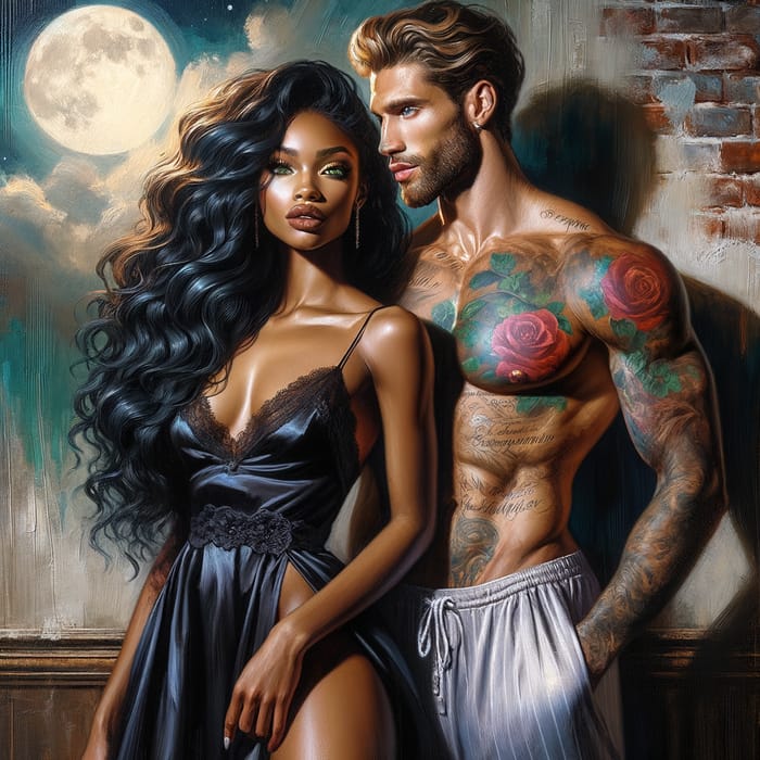 Passionate Love: Black Woman & White Man Embrace in Moonlit Bedroom