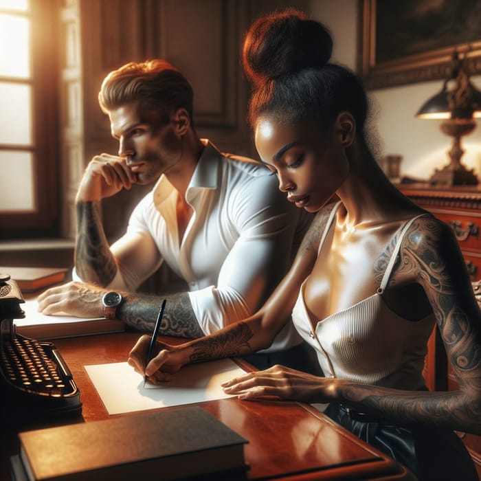 Elegant African American Writer at Vintage Desk in Italian Villa