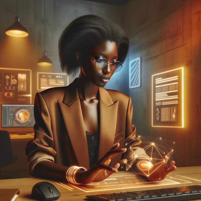 Stylish Black Woman Web Designer in Futuristic Tech Studio