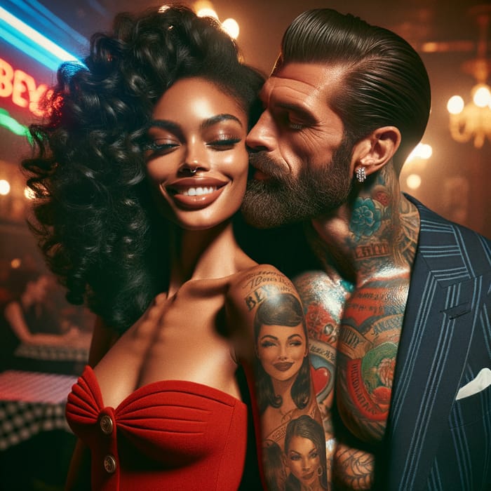 Enchanting Love Story: Radiant Black Woman & Italian Husband in Elegant Nightclub Portrait