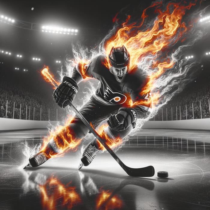 Fiery Hockey Player in High Contrast Flames | Vintage Ice Rink Shot