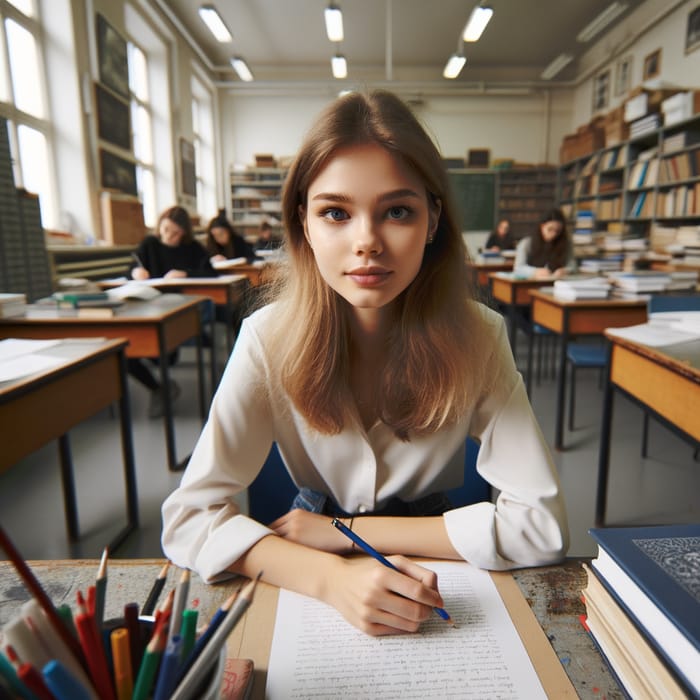 Intense Focus: Young Woman Studying in College Classroom