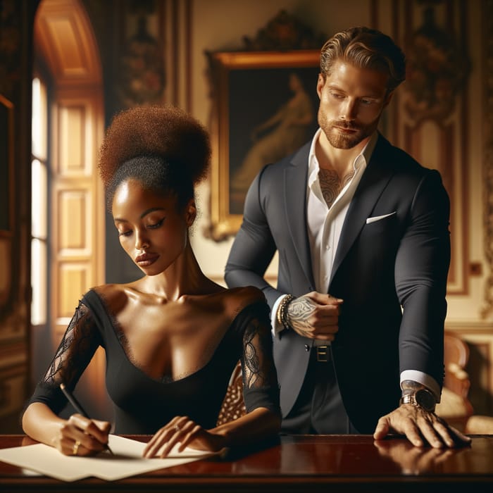 Elegant African American Woman Writing Novel in Luxurious Italian Villa